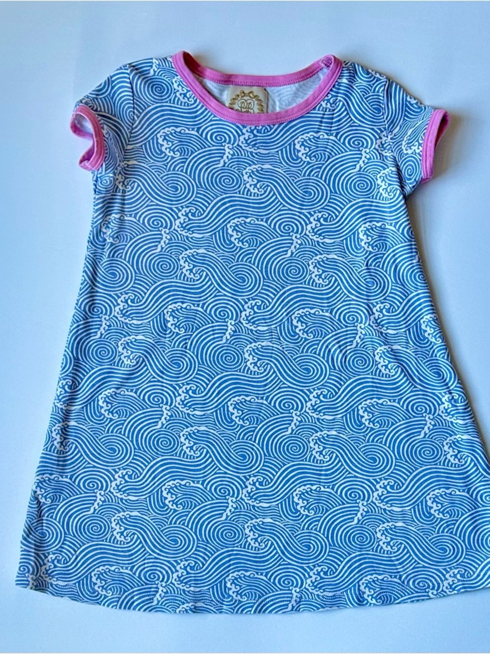 Beaufort Bonnet Co Blue Wave Print Kids Play Dress with Pink Trim